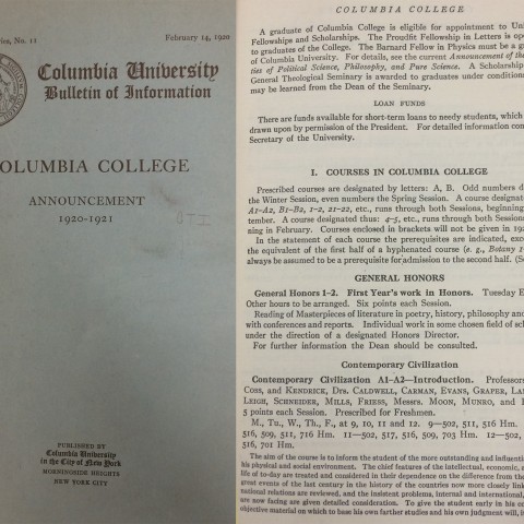 A page from the 1920-21 Columbia University Bulletin of Information, the first listing of the General Honors course. Photo: Courtesy Columbia University Archives