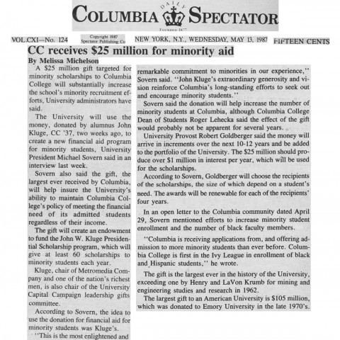 Article in the Columbia Daily Spectator on May 13, 1987. Image: Columbia Spectator, courtesy Columbia University Archives