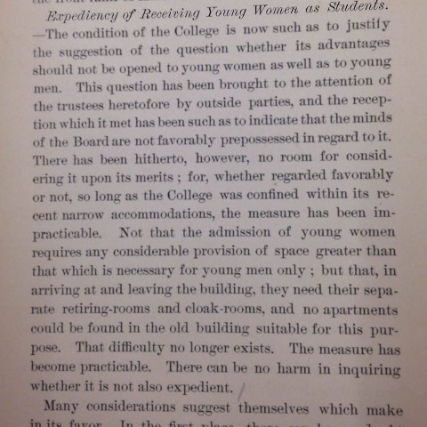 Page from President Frederick A.P. Barnard’s Annual Report to trustees introduces the topic of “The Expediency of Receiving Young Women as Students.” Photo: Elena Hecht, courtesy Columbia University Archives