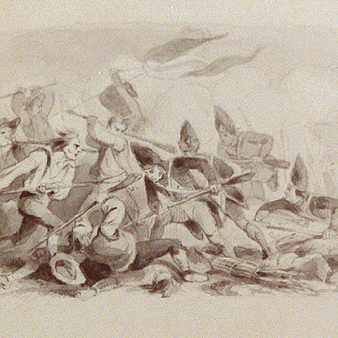 Revolutionary War battle between civilians and British soldiers by Felix Octavius Carr Darley. Photo: Library of Congress, Prints & Photographs Division, CAI - Darley, no. 14 (A size) [P&P]