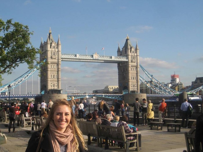 Chloé Durkin CC’15 at London Bridge while studying at University College London. Photo: Courtesy Chloé Durkin CC’15