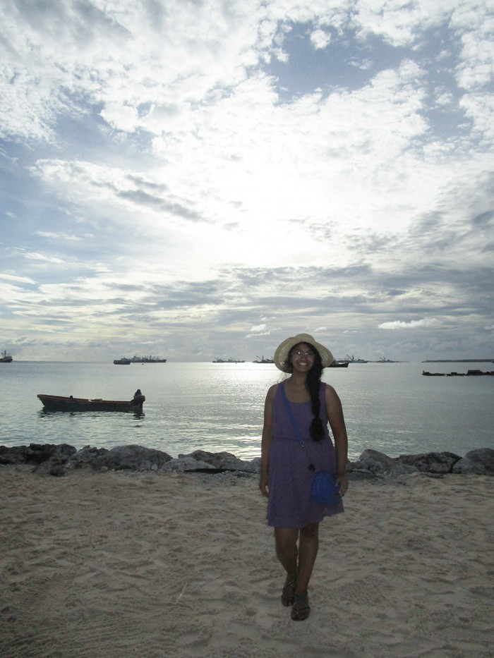 Asha Banerjee CC’17 on the beach on Majuro Atoll. Photo: Courtesy Asha Banerjee CC’17