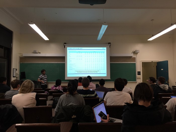 Harris Shabbir SEAS’16 walks the fund through his discounted cash flow valuation model for Marin Software on March 3, 2015. Photo: Courtesy Lion Fund