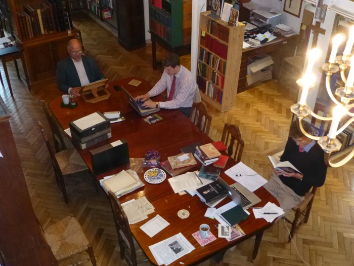 Luke Foster CC’15 (far right) at the G.K. Chesterton Library in Oxford, England. Courtesy Luke Foster CC’15