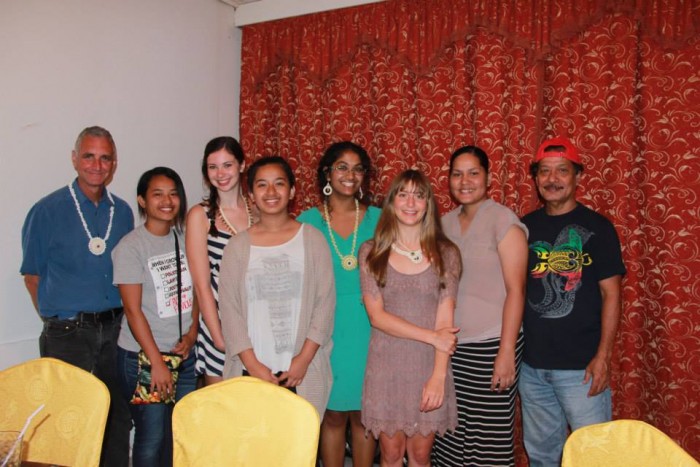 Professor Emlyn Hughes, Asha Banerjee CC’17, Danielle Crosswell CC’17 and Autumn Bordner CC’14 with Minister of Public Works and Uterik Atoll Senator Hiroshi Yamamura and members of his family, wearing gifts of local Marshall Islands jewelry. Photo: Courtesy Asha Banerjee CC’17