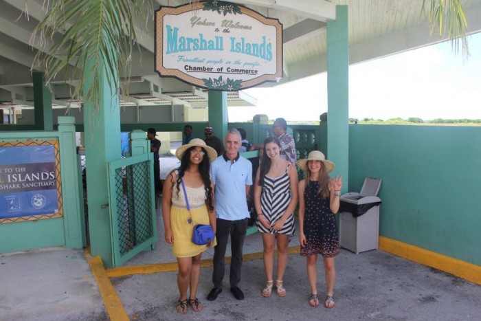 Asha Banerjee CC’17, Professor Emlyn Hughes, Danielle Crosswell CC’17 and Autumn Bordner CC’14 at the airport. Photo: Courtesy Asha Banerjee CC’17